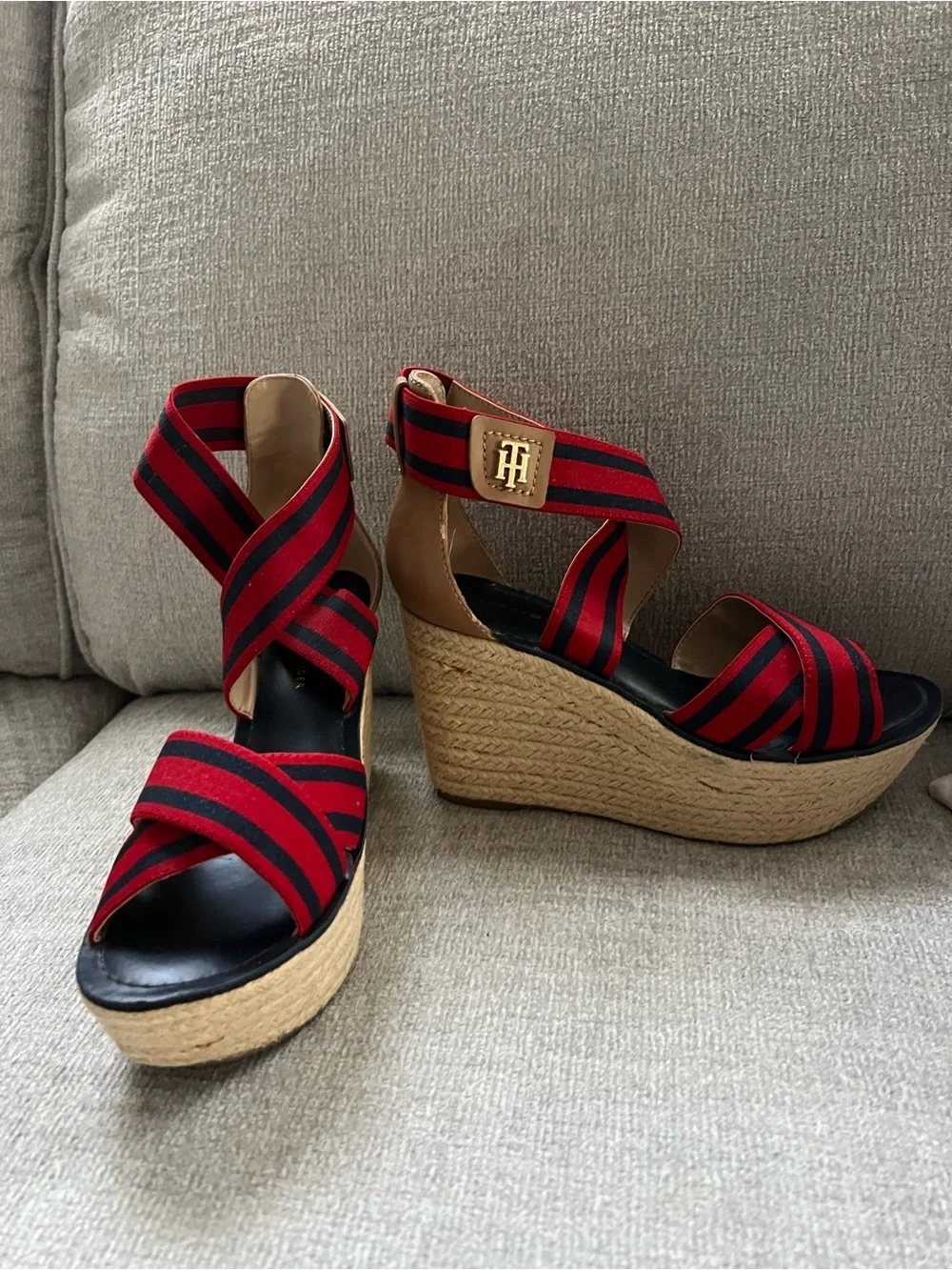 Tommy Hilfiger Red and Black Striped Espadrille Wedge Sandals